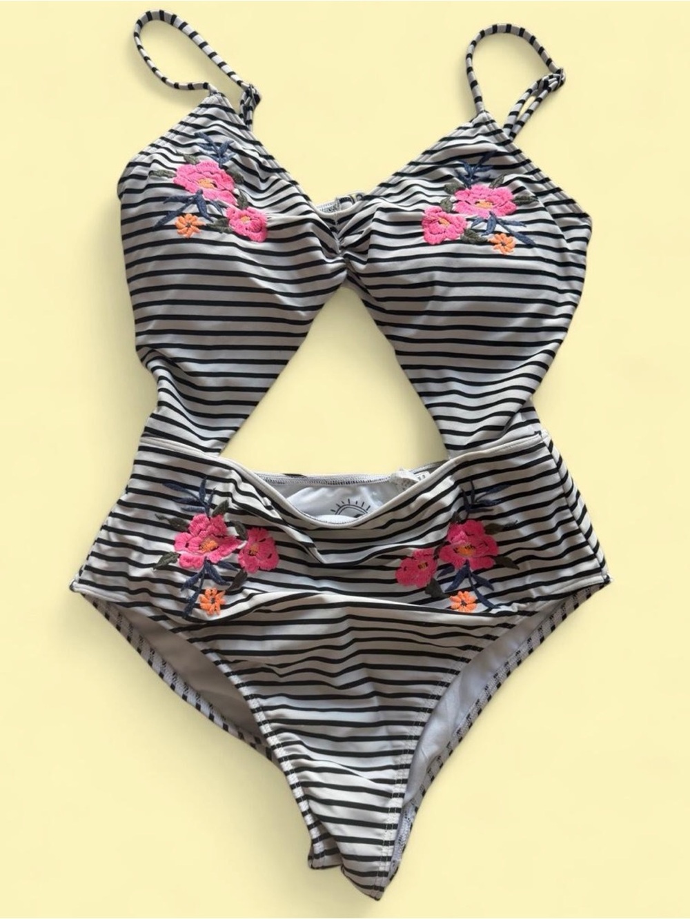 Hollister Black & White Striped Women’s One-Piece with Pink Floral Embroidery